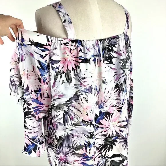 NYDJ Blouse Womens Medium Boho Hawaiian Tropical Floral Top Ruffle Cold Shoulder - Picture 6 of 13